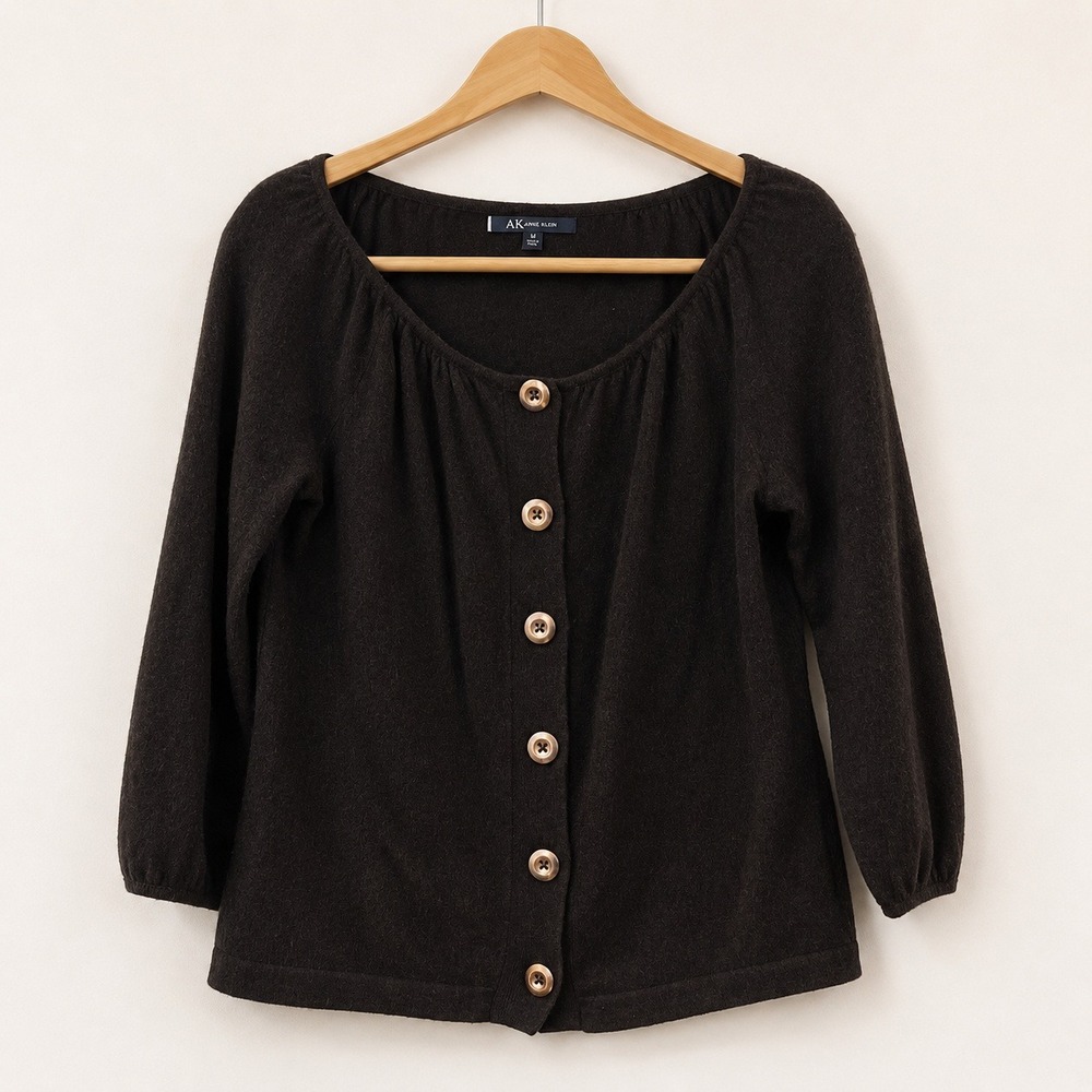 Anne Klein Cashmere Cardigan Women Medium Coquette Old Money Dark Academia Brown